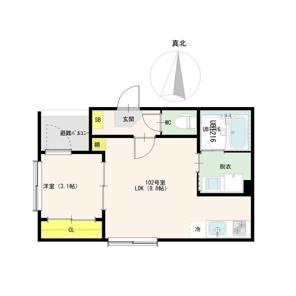 ハーモニーテラス日比野 間取図　ＬＤＫ8.8帖　洋室3.1帖　脱衣洗面所　バルコニー