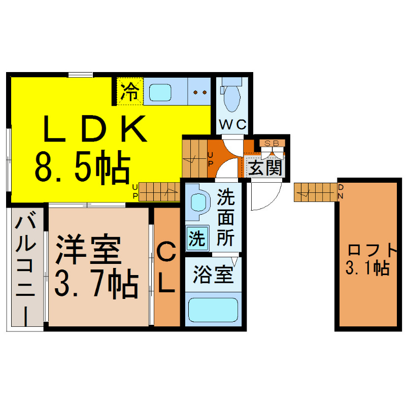 Ｏｒｑｕｅ（オルク） 間取図　ＬＤＫ8.5帖　洋室3.7帖　ロフト付　脱衣洗面所