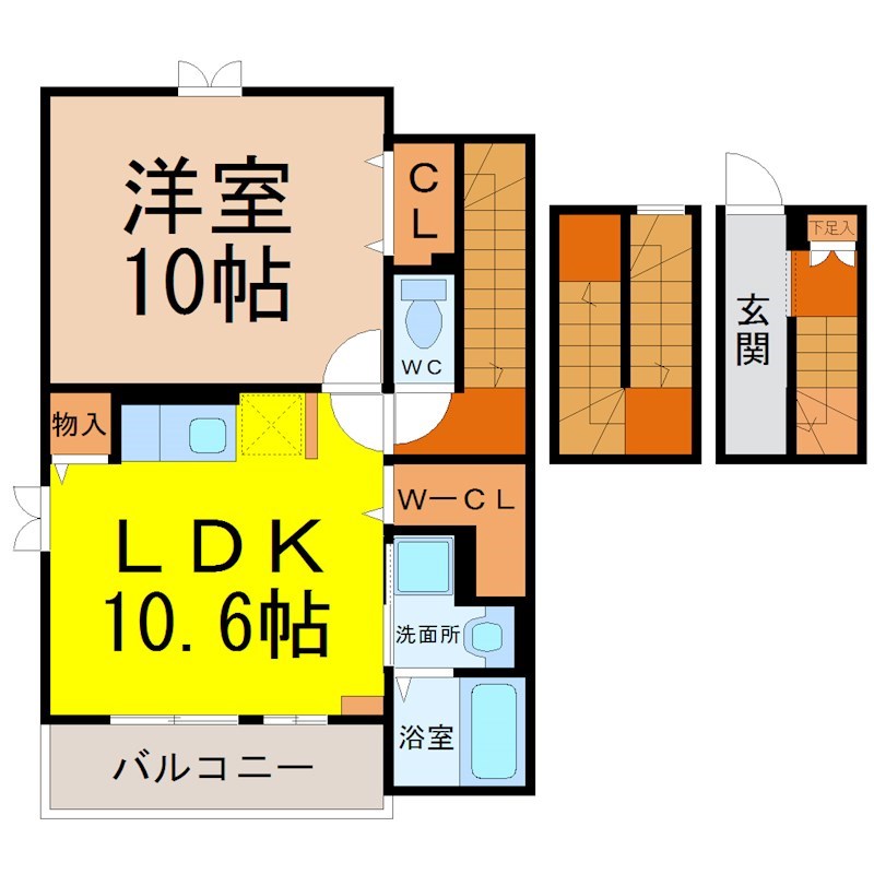 ファヴォリ 間取図　ＬＤＫ10.6帖　洋室10帖　脱衣洗面所　バルコニー