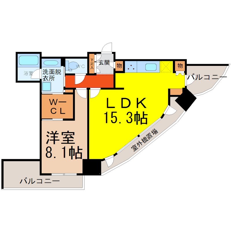 一条タワー金山 間取図　ＬＤＫ15.3帖　洋室8.1帖