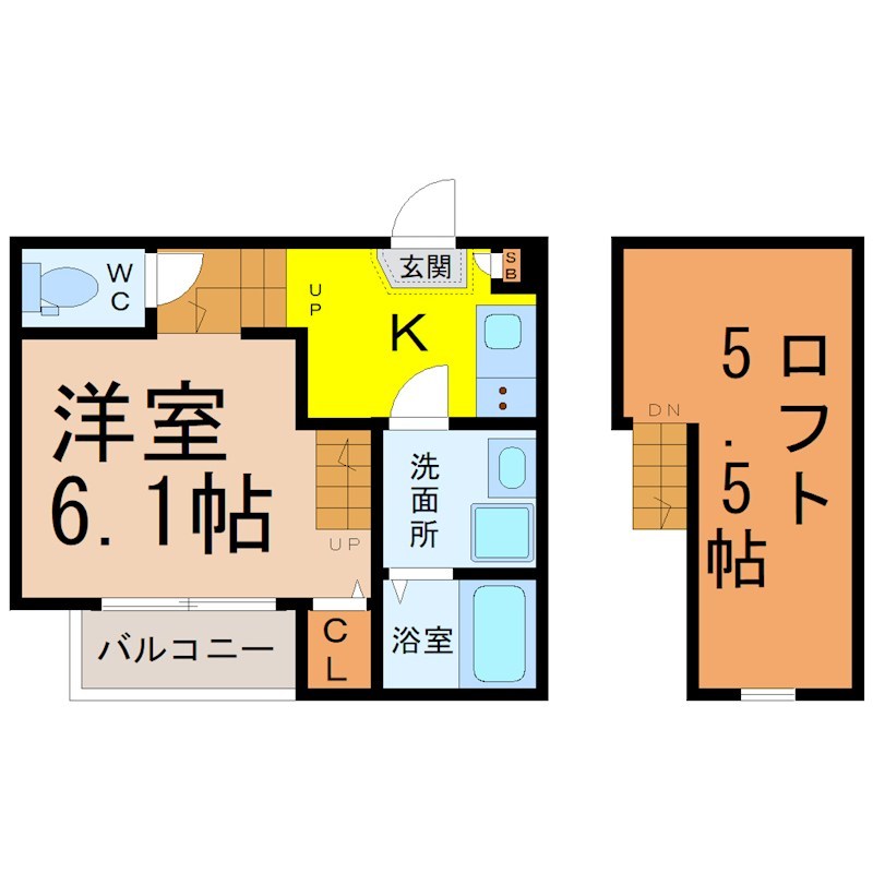 ＳＥＲＥＮＵＳ塩釜口（セレヌス塩釜口） 間取図　洋室6.1帖　ロフト5.5帖　脱衣洗面所　バルコニー