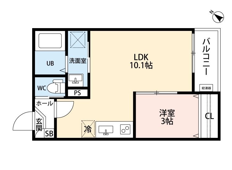 Warren nakashiota VII（ウォーレンナカシオタセブン） 間取図　ＬＤＫ10.1帖　洋室3帖　脱衣洗面所