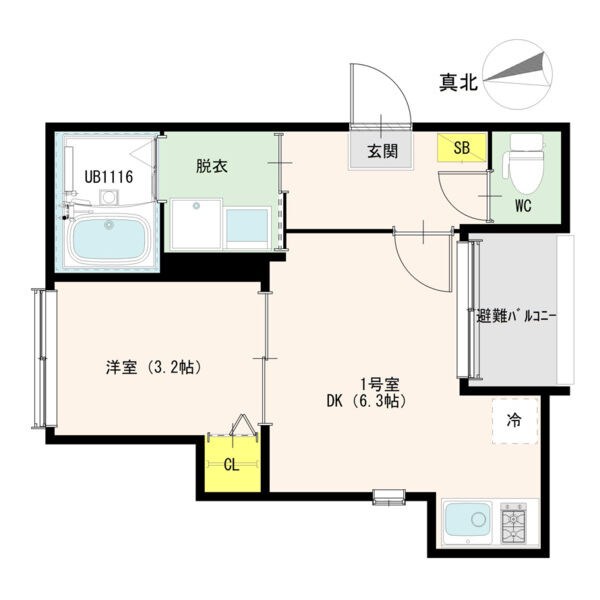ハーモニーテラス前之輪 間取図　ＤＫ6.3帖　洋室3.2帖　脱衣洗面所　バルコニー