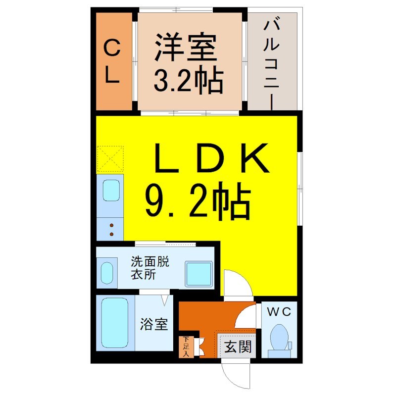 Ｒｉｖｅｒａ中村公園 間取図　ＬＤＫ9.2帖　洋室3.2帖　脱衣洗面所