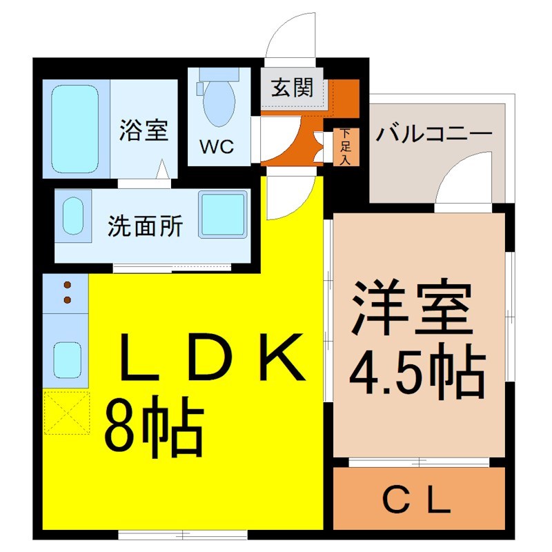 Ｒｉｖｅｒａ中村公園 間取図　ＬＤＫ8帖　洋室4.5帖　脱衣洗面所