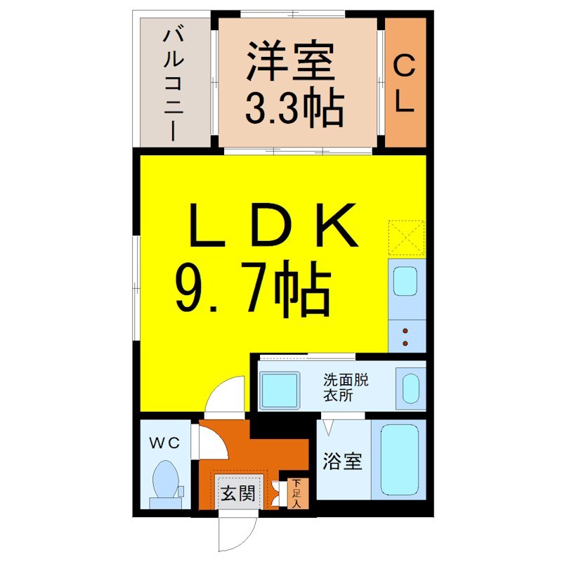 ルミナス中村 間取図　ＬＤＫ9.7帖　洋室3.3帖　脱衣洗面所