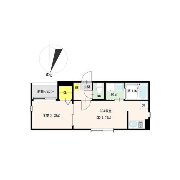 ハーモニーテラスひかり 間取図　ＤＫ7.7帖　洋室4.2帖　脱衣洗面所