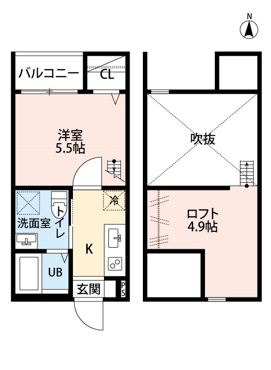 ＣｏｚｙＨｏｕｓｅ清水 間取図　洋室5.5帖　ロフト4.9帖　脱衣洗面所　バルコニー