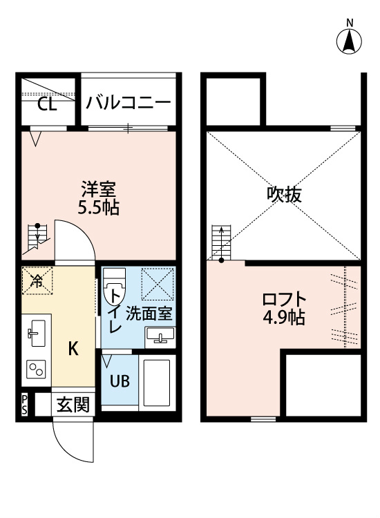 ＣｏｚｙＨｏｕｓｅ清水 間取図　洋室5.5帖　ロフト4.9帖　脱衣洗面所　バルコニー