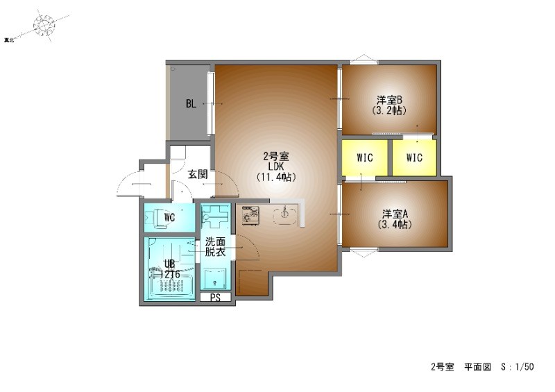 REGALEST serene鶴舞 間取図　ＬＤＫ11.4帖　洋室3.4帖　洋室3.2帖