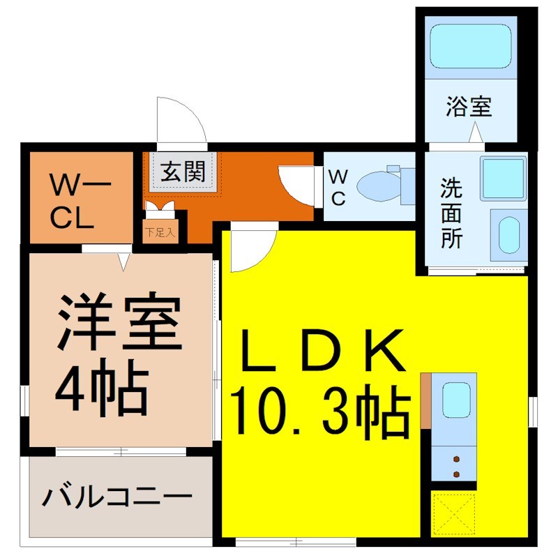 ハーモニーテラス野並Ⅺ 間取図　ＬＤＫ10.3帖　洋室4帖　脱衣洗面所
