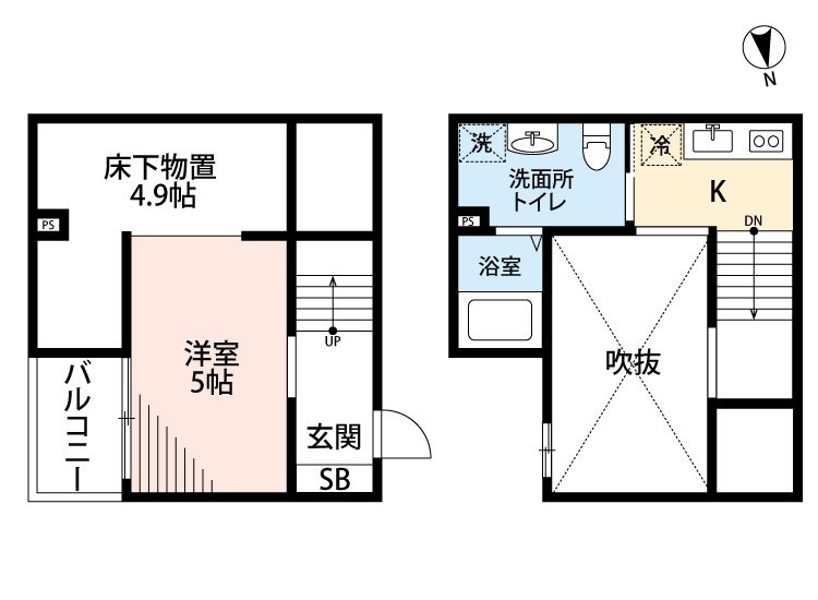 Ｑｉａｒａ（キアラ） 間取図　洋室5帖　アンダーロフト4.9帖　脱衣洗面所