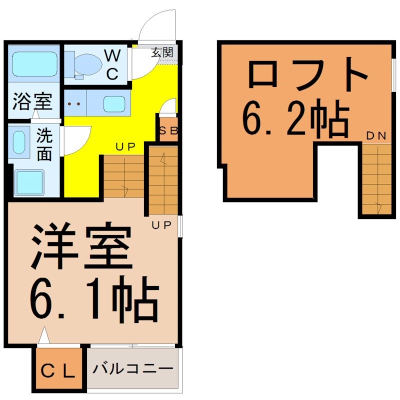 ｓｔａｇｅ八熊 間取図　洋室6.1帖　ロフト6.2帖　脱衣洗面所　バルコニー