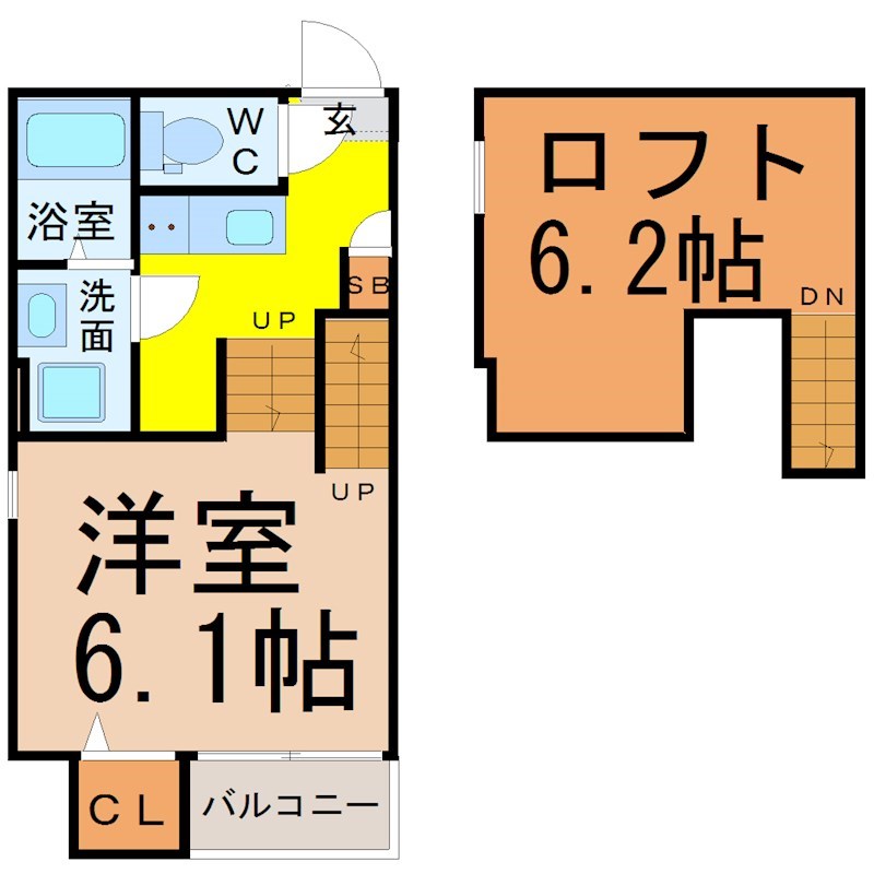 ｓｔａｇｅ八熊 間取図　洋室6.1帖　ロフト6.2帖　脱衣洗面所　バルコニー