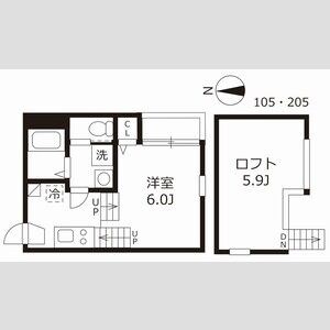 ハーモニーテラス志賀町IV 間取図　洋室6帖　ロフト5.9帖　脱衣洗面所　バルコニー