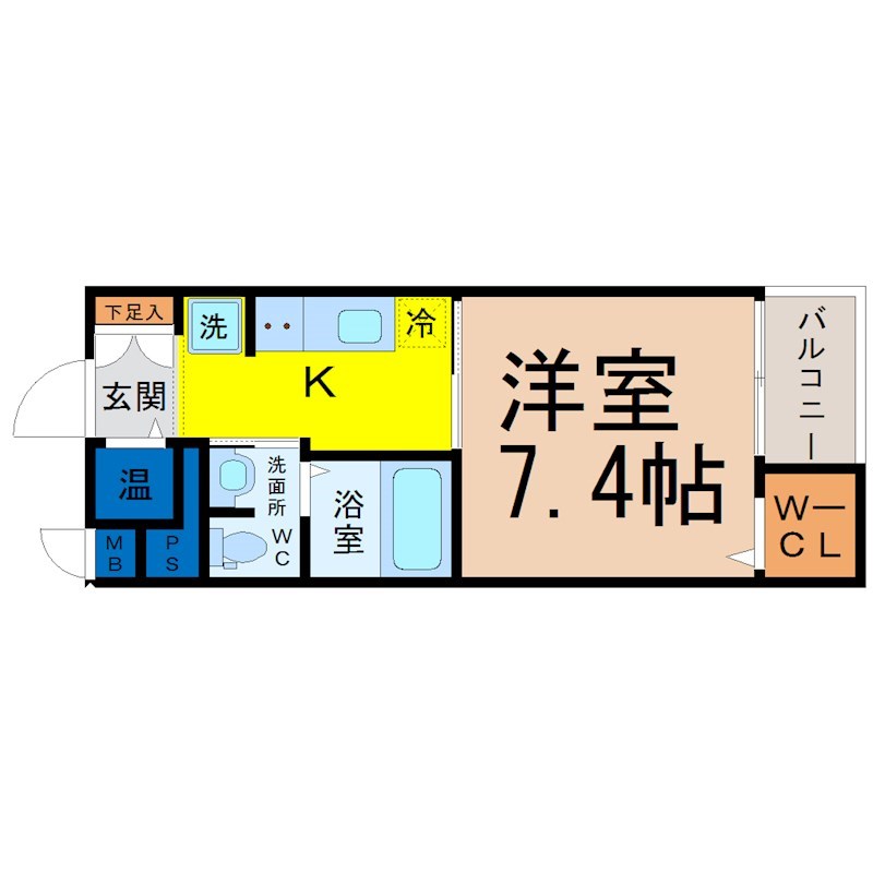 メゾン ド アミティエ 間取図　洋室7.4帖　脱衣洗面所　南面バルコニー