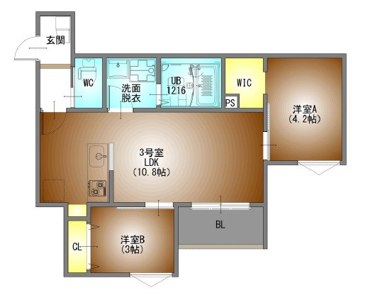 ＲＥＧＡＬＥＳＴ ＰＲＥＭＡ本陣 間取図　ＬＤＫ10.8帖　洋室4.2帖　洋室3帖