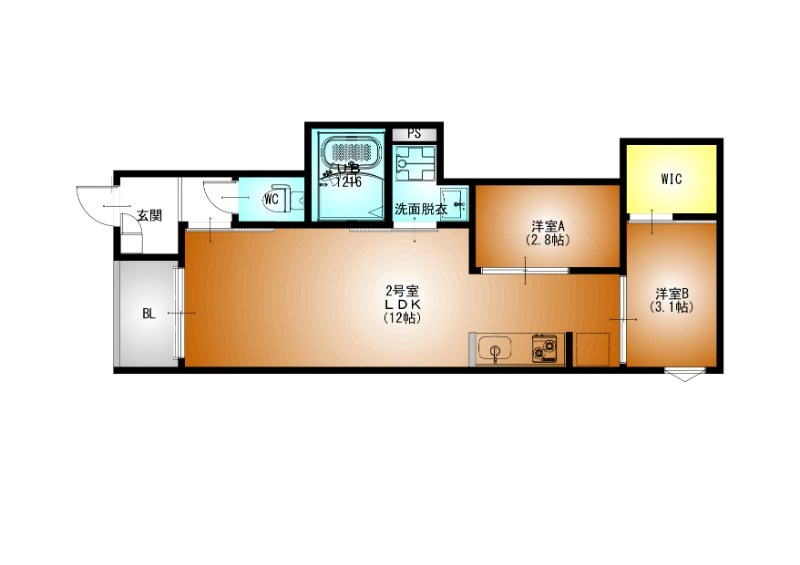ＲＥＧＡＬＥＳＴ ＤＵＯ 間取図　ＬＤＫ12帖　洋室3.1帖　洋室2.8帖